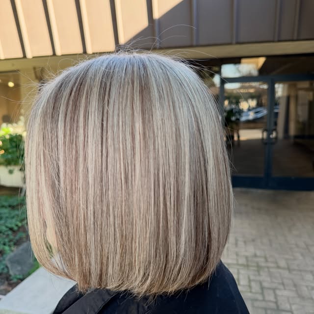 Blonde and ash highlights on a smooth blunt bob