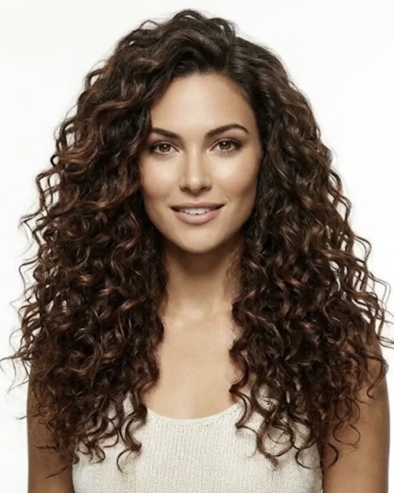 Smiling model with long, voluminous dark brown digital perm curls with warm highlights