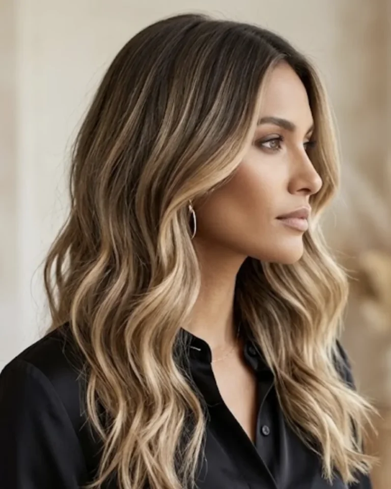 Model in profile with long, wavy balayage hair, dark at the roots blending into soft golden blonde