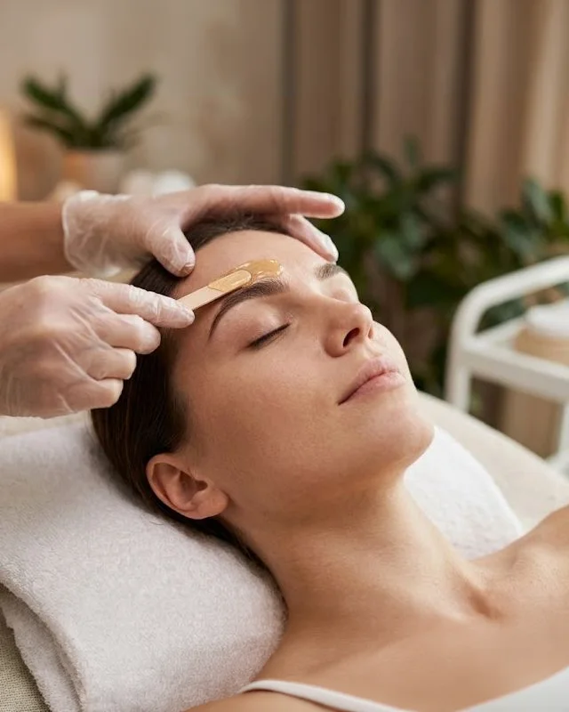 Esthetician shaping a client's brows with wax at Salon Bravissimo in Sacramento and Folsom
