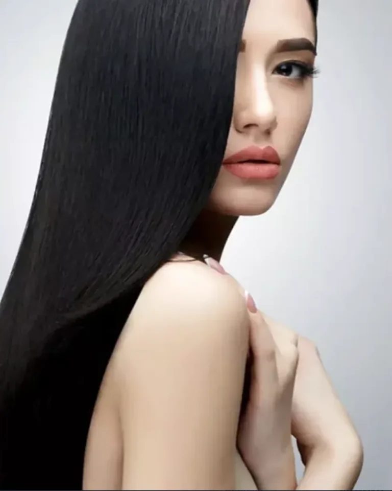 Model with very long, straight, glossy black hair after Yuko Japanese straightening