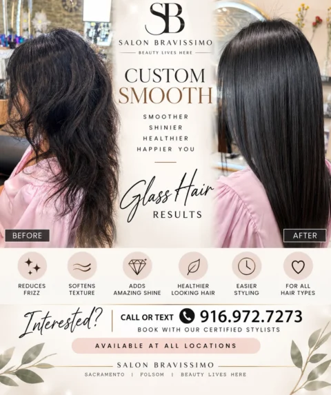 Instagram post: ✨ GLASS HAIR RESULTS ✨ Look at this incredible before & after with our SB Custom Smooth treatment!…